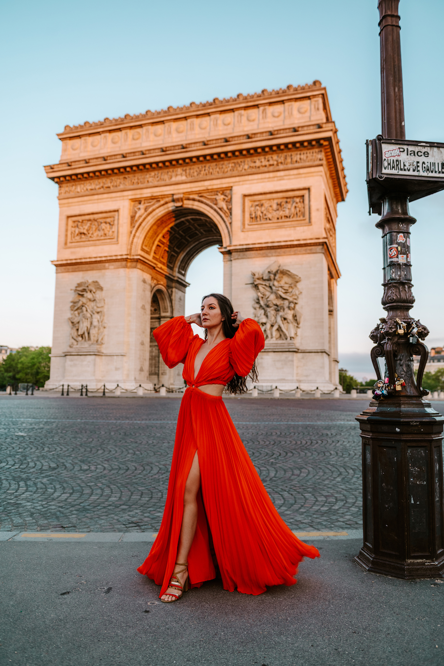 Red dress Paris fashion Arc de triomphe